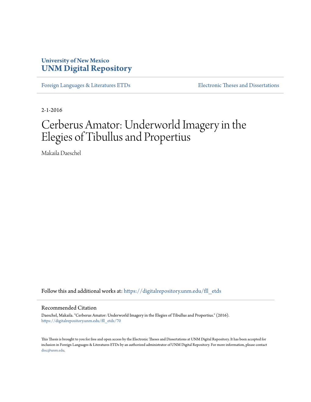 Underworld Imagery in the Elegies of Tibullus and Propertius Makaila Daeschel