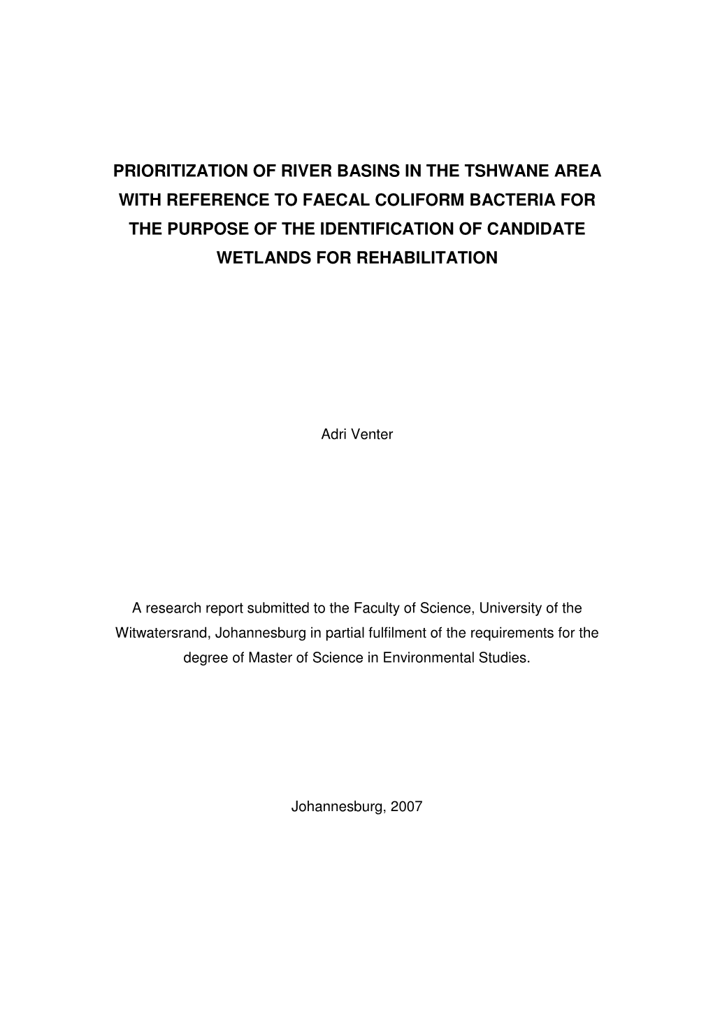Prioritization of River Basins in the Tshwane Area With