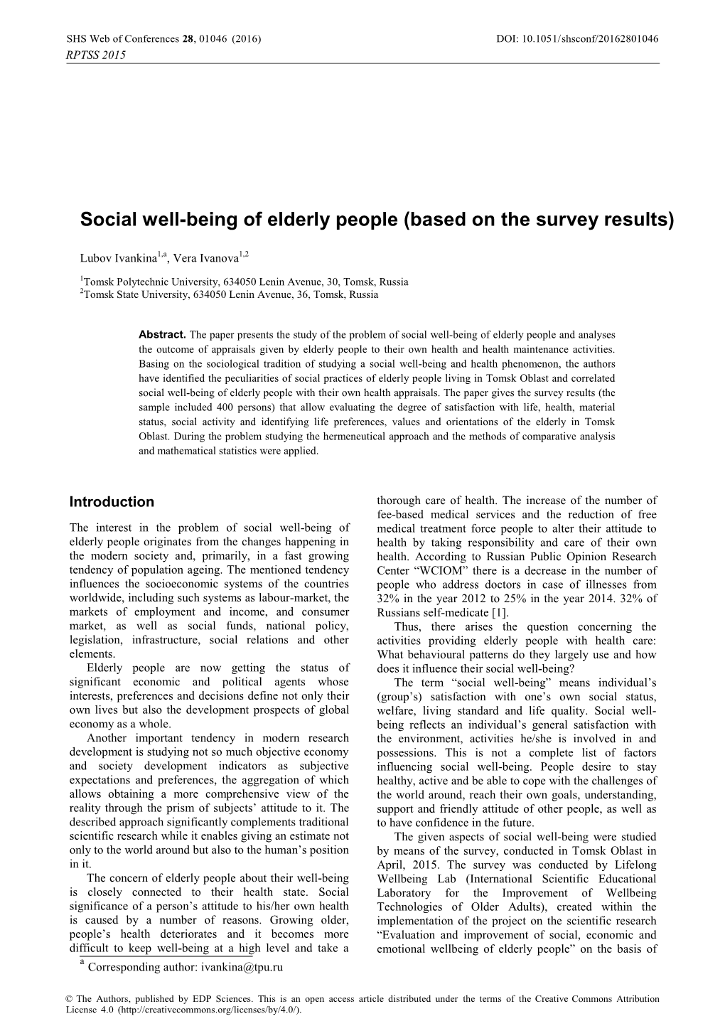 Social Well-Being of Elderly People (Based on the Survey Results)