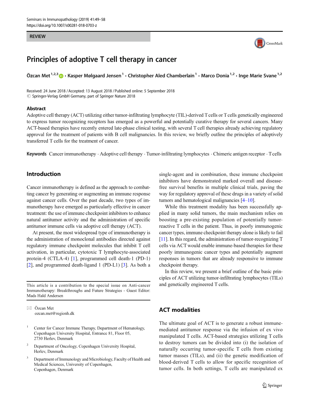 Principles of Adoptive T Cell Therapy in Cancer