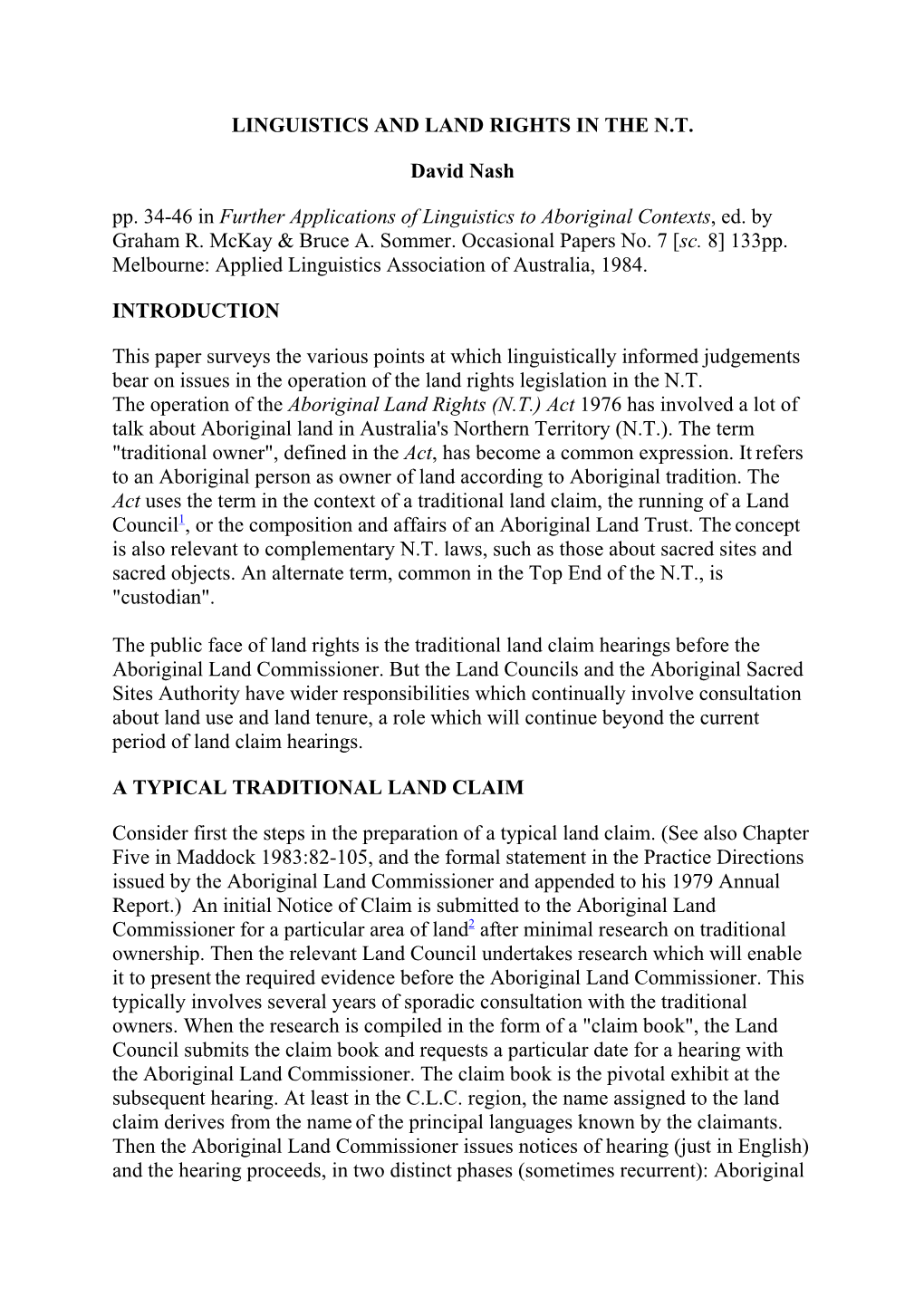 Nash Linguistics and Land Rights in NT, 1984, Rev. 1999