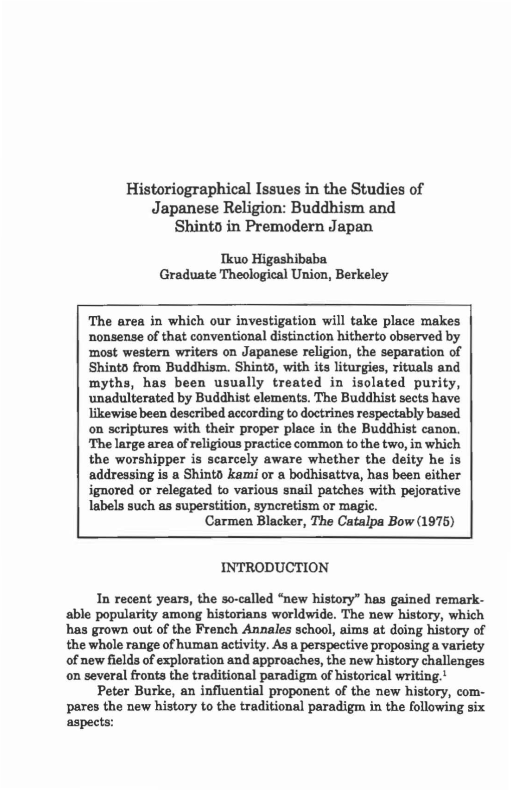 Historiographical Issues in the Studies of Japanese Religion: Buddhism and Shinto in Premodern Japan