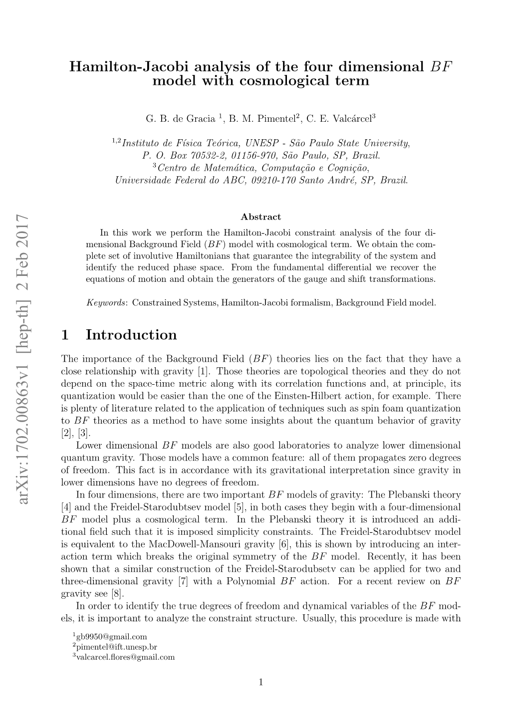 Hamilton-Jacobi Analysis of the Four Dimensional BF Model With