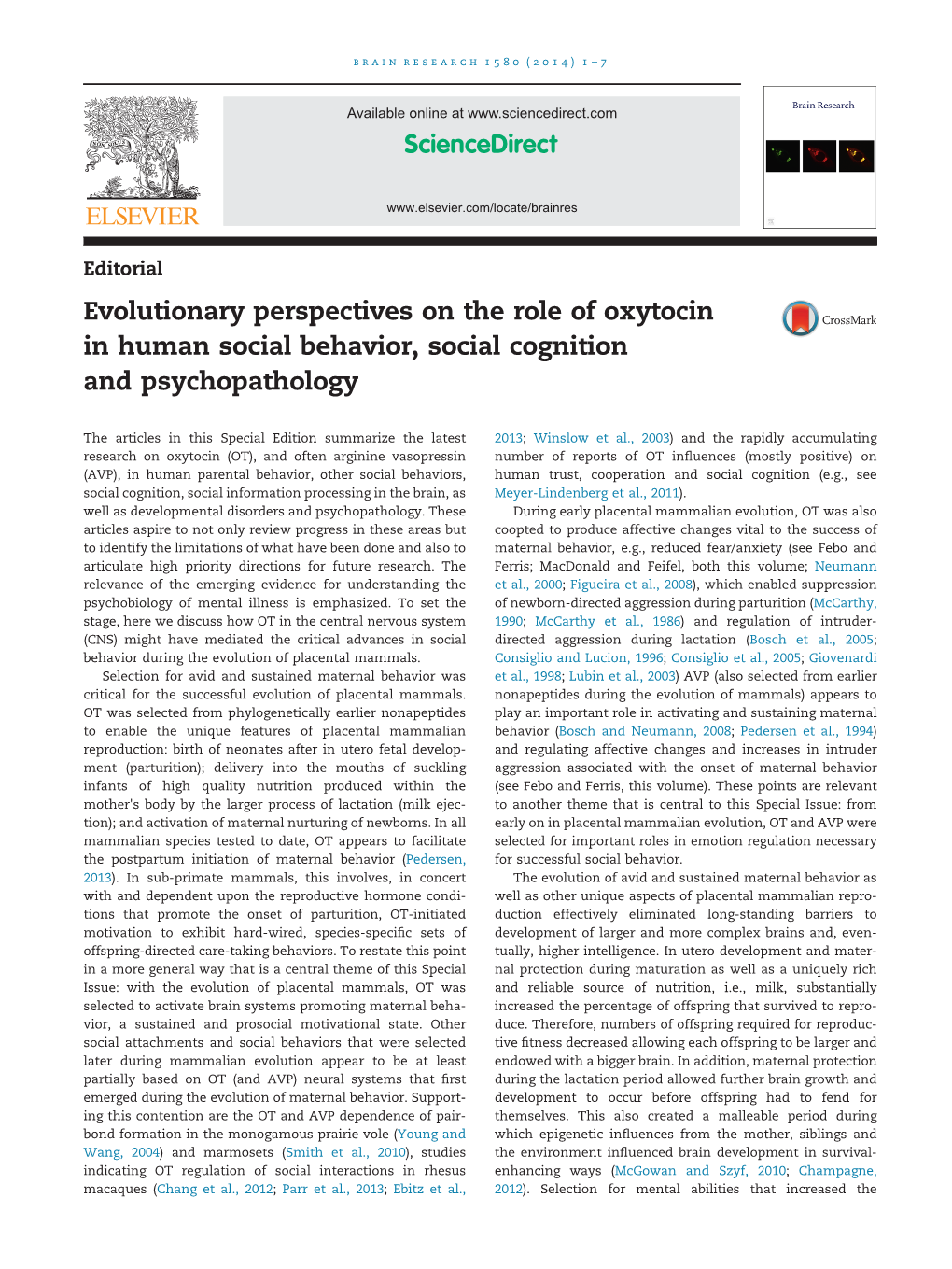 Evolutionary Perspectives on the Role of Oxytocin in Human Social Behavior, Social Cognition and Psychopathology