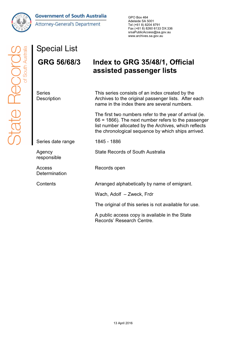 GRG 56/68/3 Index to Official Assisted Passenger Lists 1845