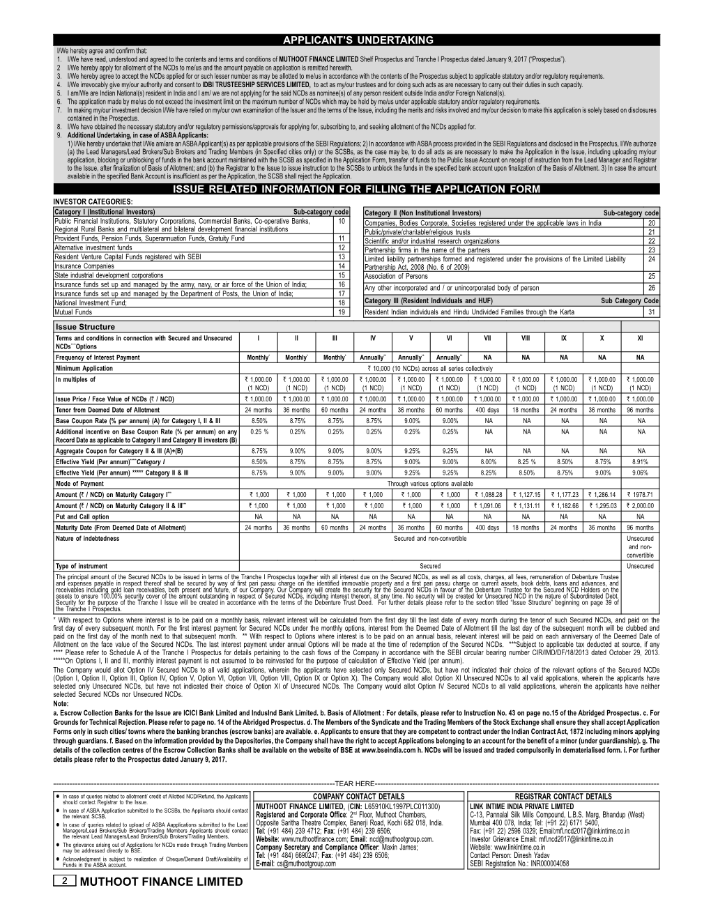 MUTHOOT FINANCE LIMITED Shelf Prospectus and Tranche I Prospectus Dated January 9, 2017 (“Prospectus”)