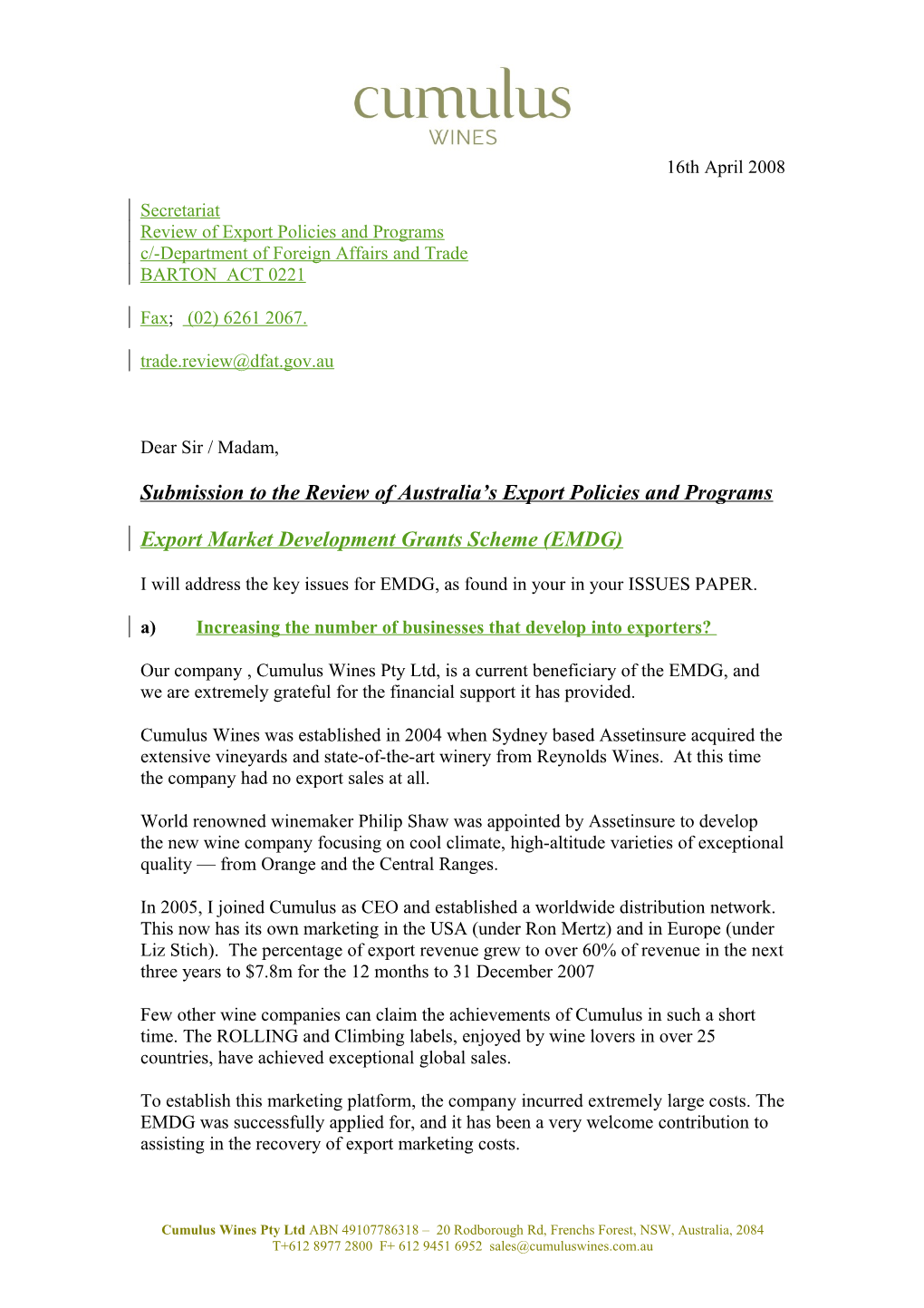 Submission to the Review of Australia S Export Policies and Programs