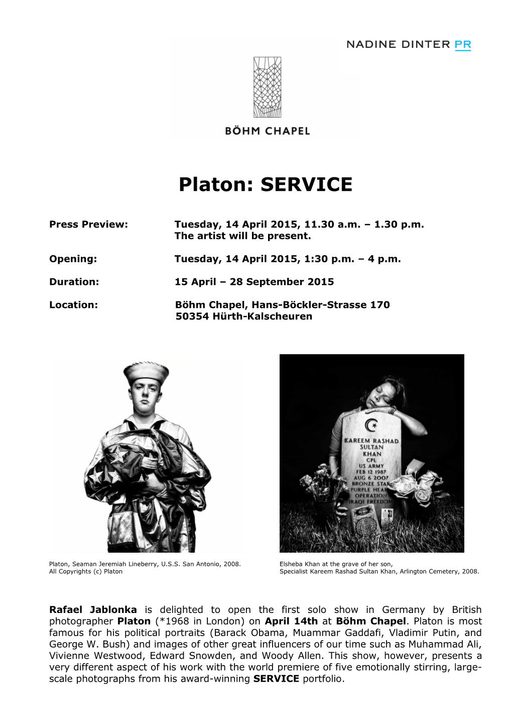 Press Release Jablonka Gallery Platon SERVICE Nadine