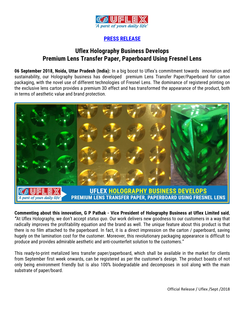 Uflex Holography Business Develops Premium Lens Transfer Paper, Paperboard Using Fresnel Lens