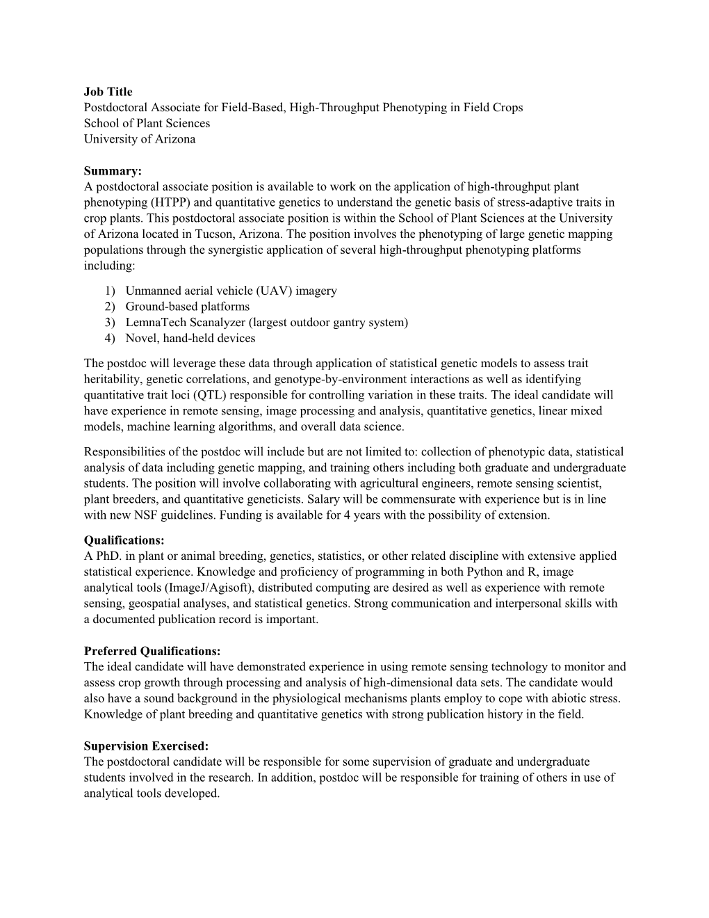 Job Title Postdoctoral Associate for Field-Based, High-Throughput Phenotyping in Field Crops School of Plant Sciences University of Arizona