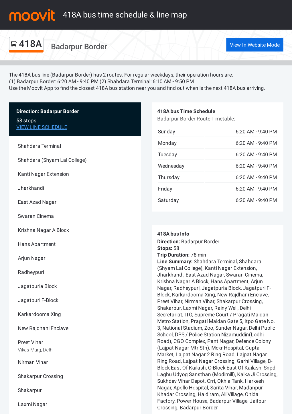 418A Bus Time Schedule & Line Route