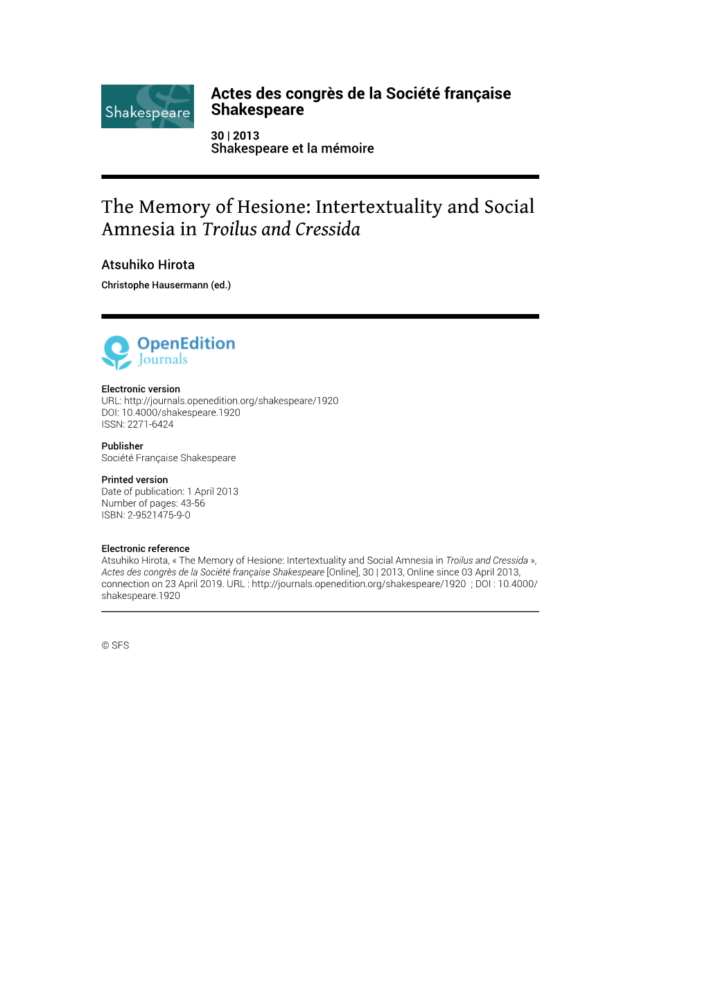 The Memory of Hesione: Intertextuality and Social Amnesia in Troilus and Cressida