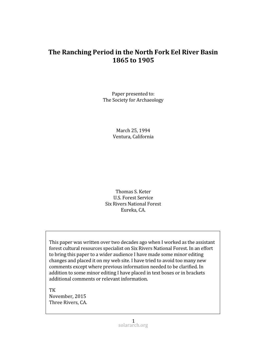 The Ranching Period in the North Fork Eel River Basin 1865 to 1905