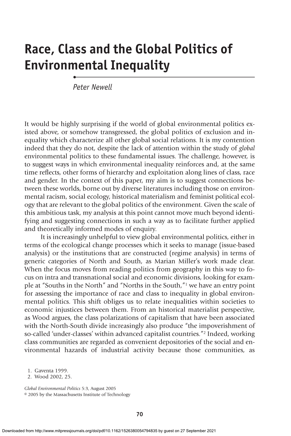 Race, Class and the Global Politics of Environmental Inequality • Peter Newell