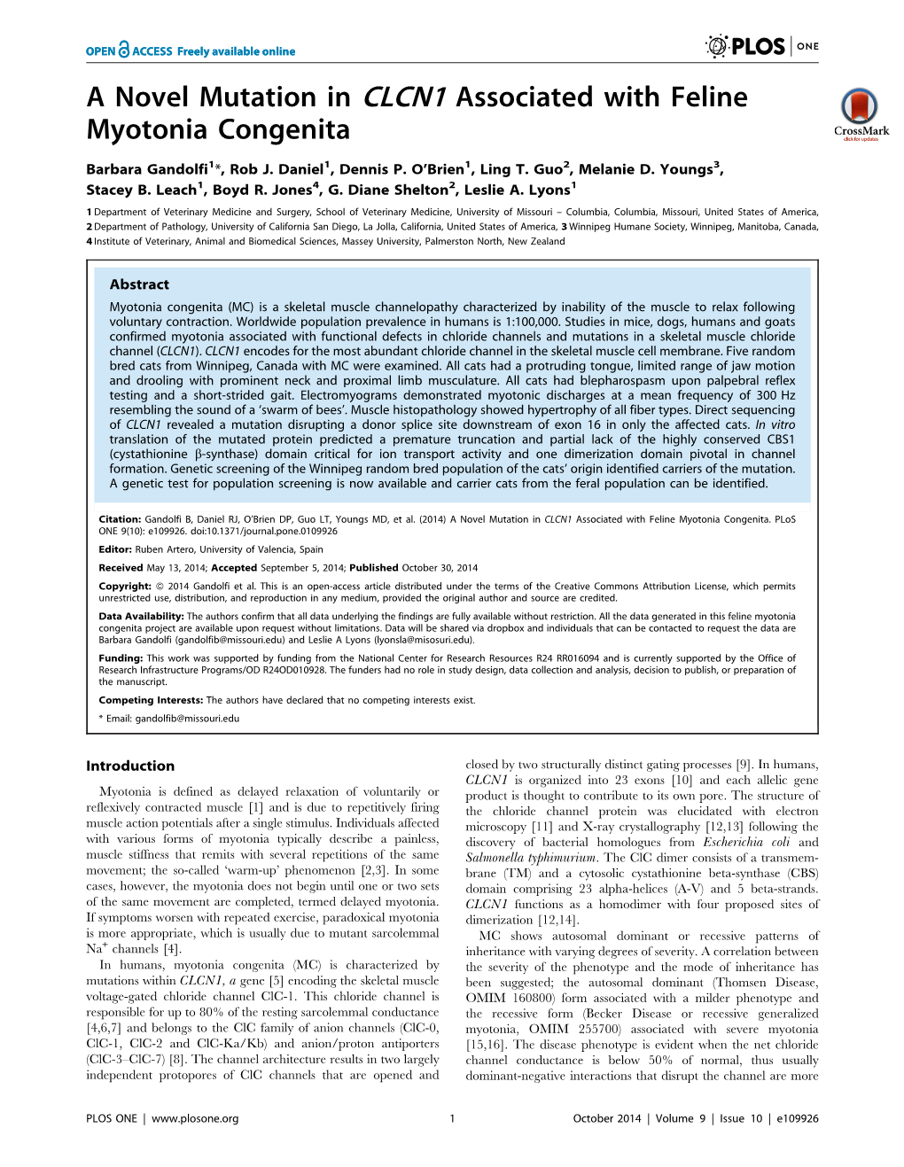 A Novel Mutation in CLCN1 Associated with Feline Myotonia Congenita