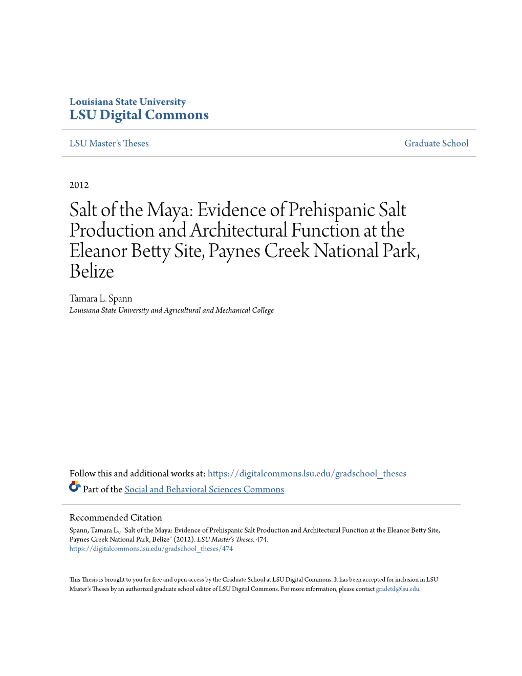 Salt of the Maya: Evidence of Prehispanic Salt Production and Architectural Function at the Eleanor Betty Site, Paynes Creek National Park, Belize Tamara L