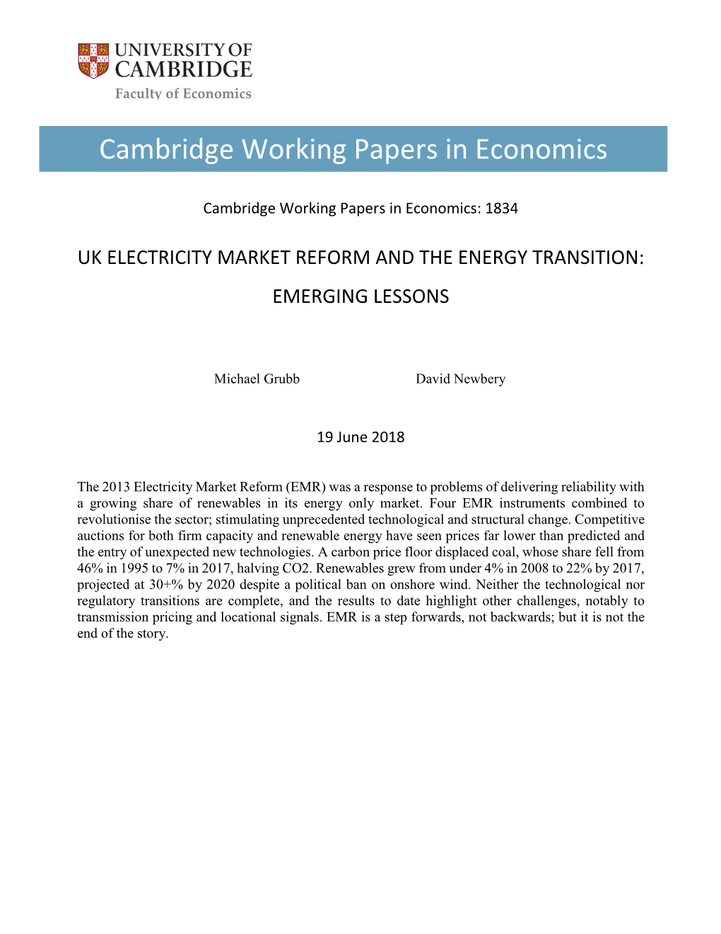 Uk Electricity Market Reform and the Energy Transition: Emerging Lessons