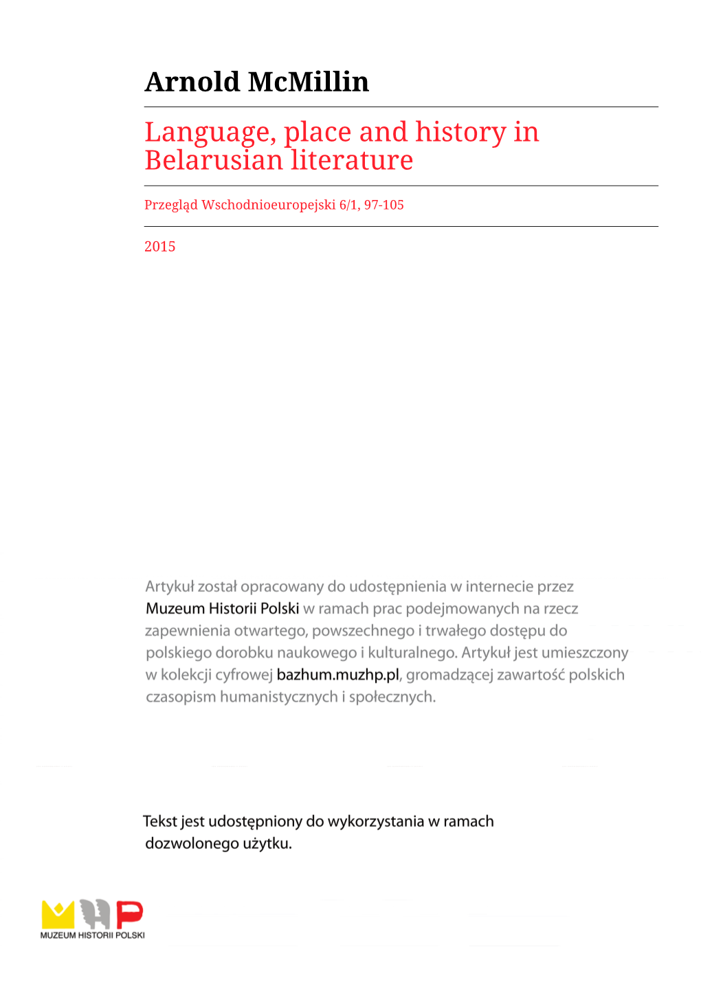 Arnold Mcmillin Language, Place and History in Belarusian Literature