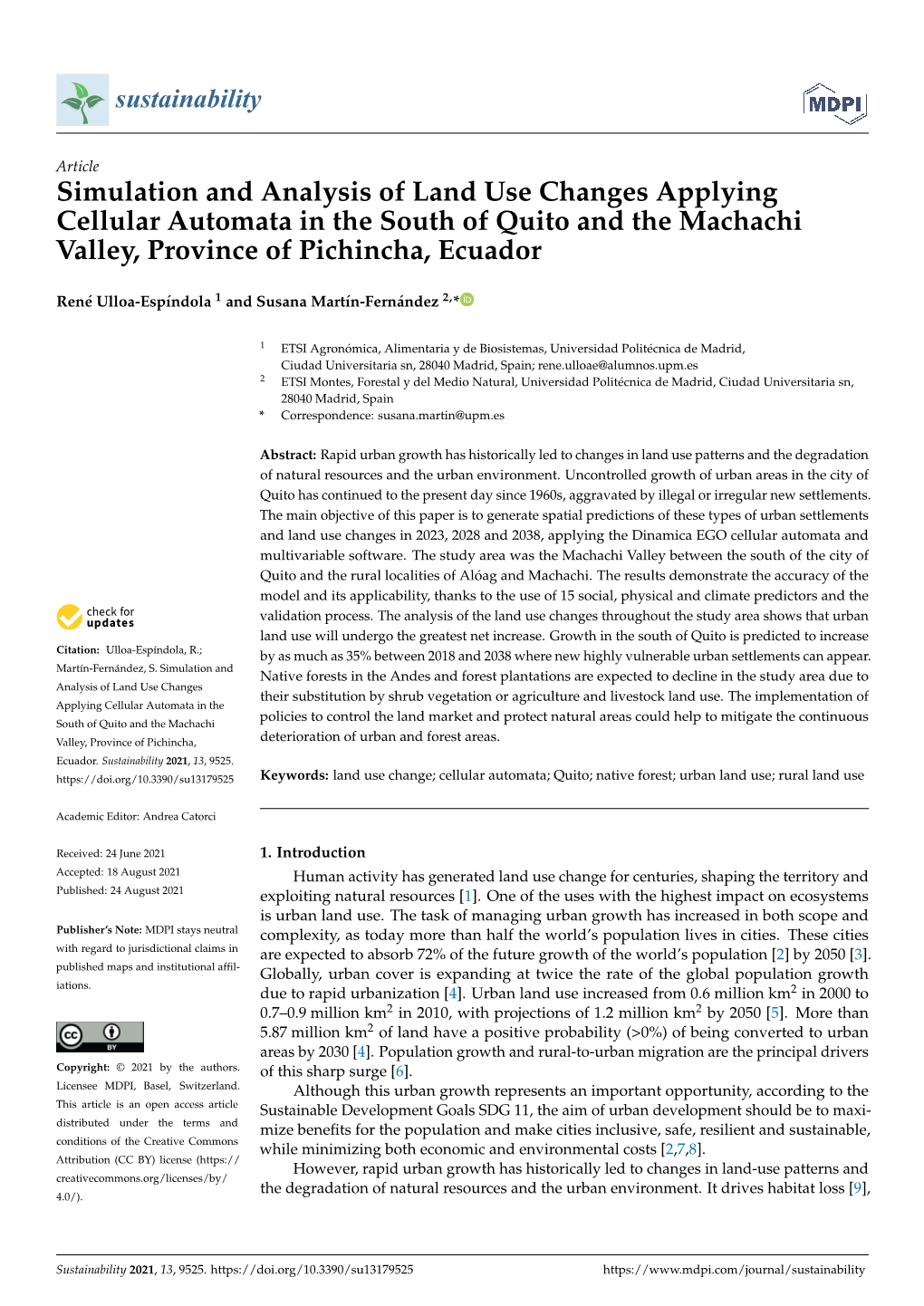 Simulation and Analysis of Land Use Changes Applying Cellular Automata in the South of Quito and the Machachi Valley, Province of Pichincha, Ecuador