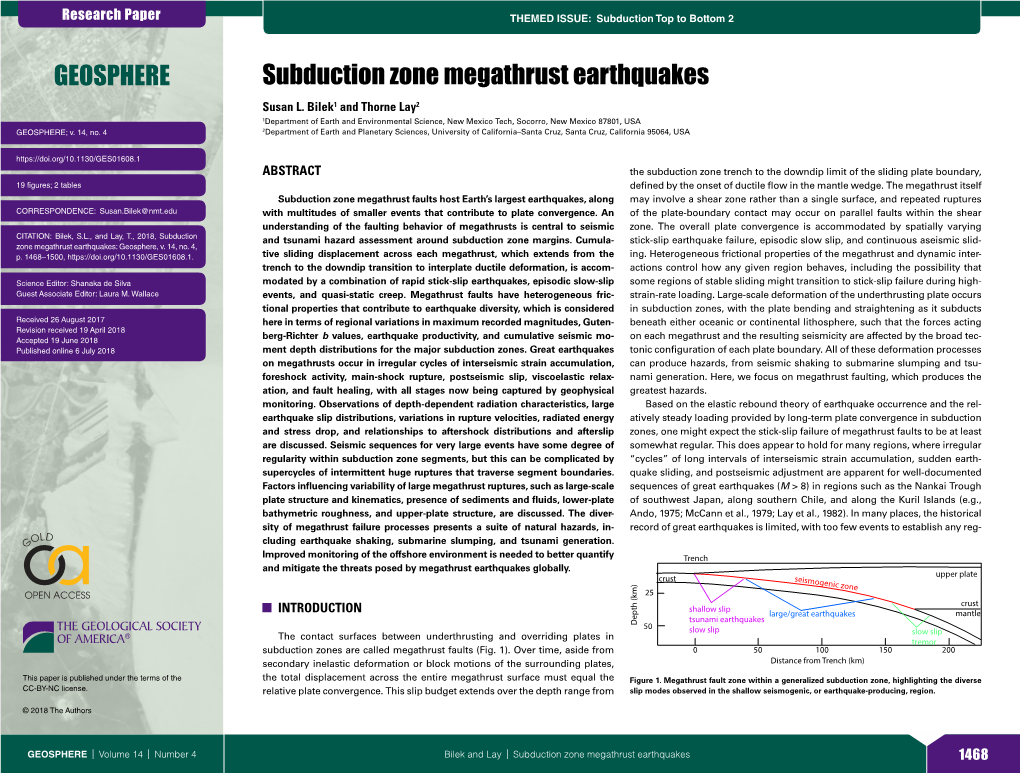 Subduction Zone Megathrust Earthquakes GEOSPHERE