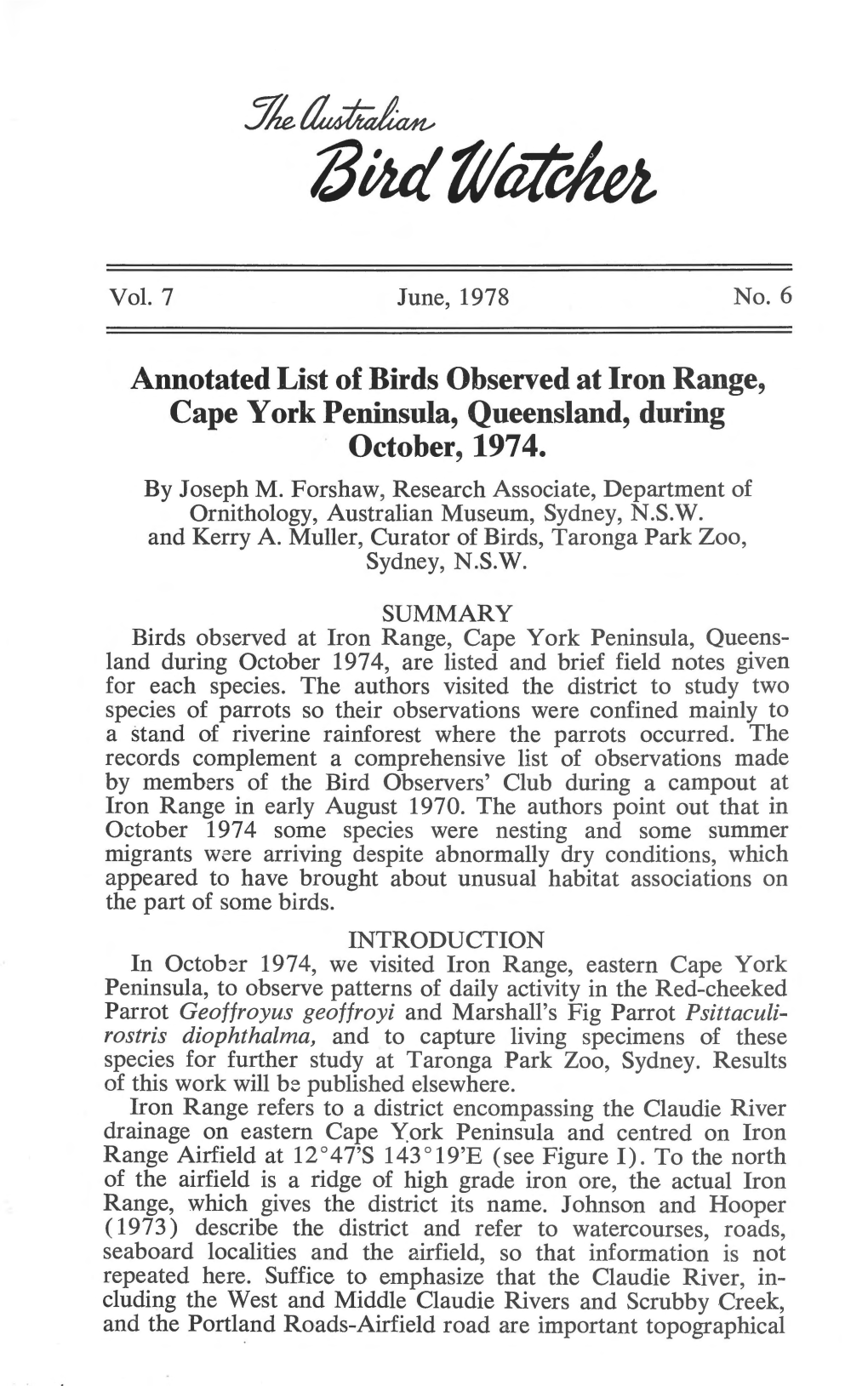 Annotated List of Birds Observed at Iron Range, Cape York Peninsula, Queensland, During October, 1974