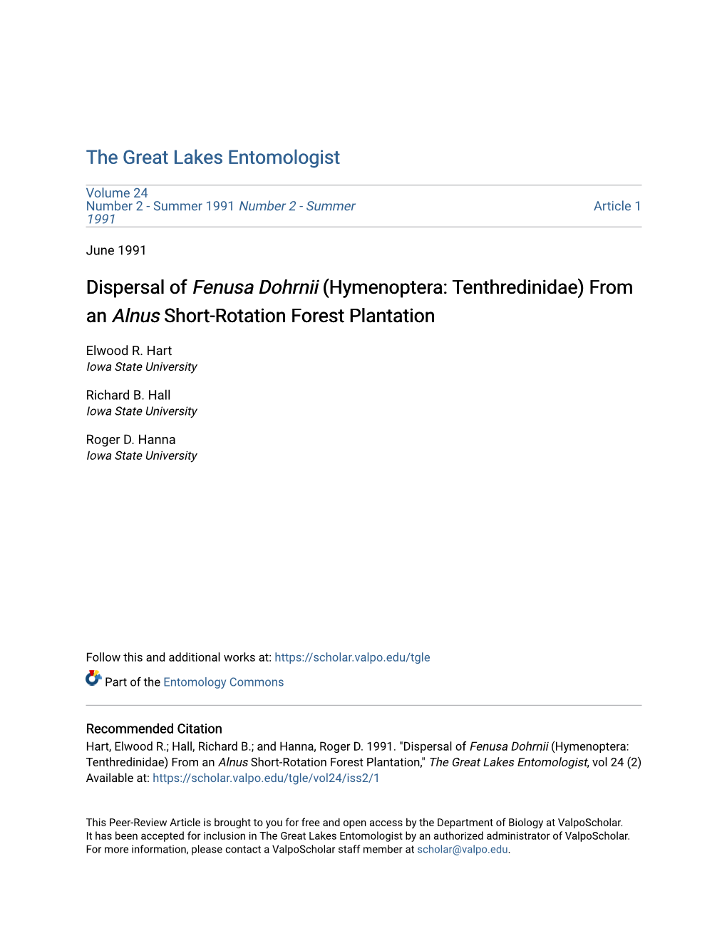 Dispersal of Fenusa Dohrnii (Hymenoptera: Tenthredinidae) from an Alnus Short-Rotation Forest Plantation