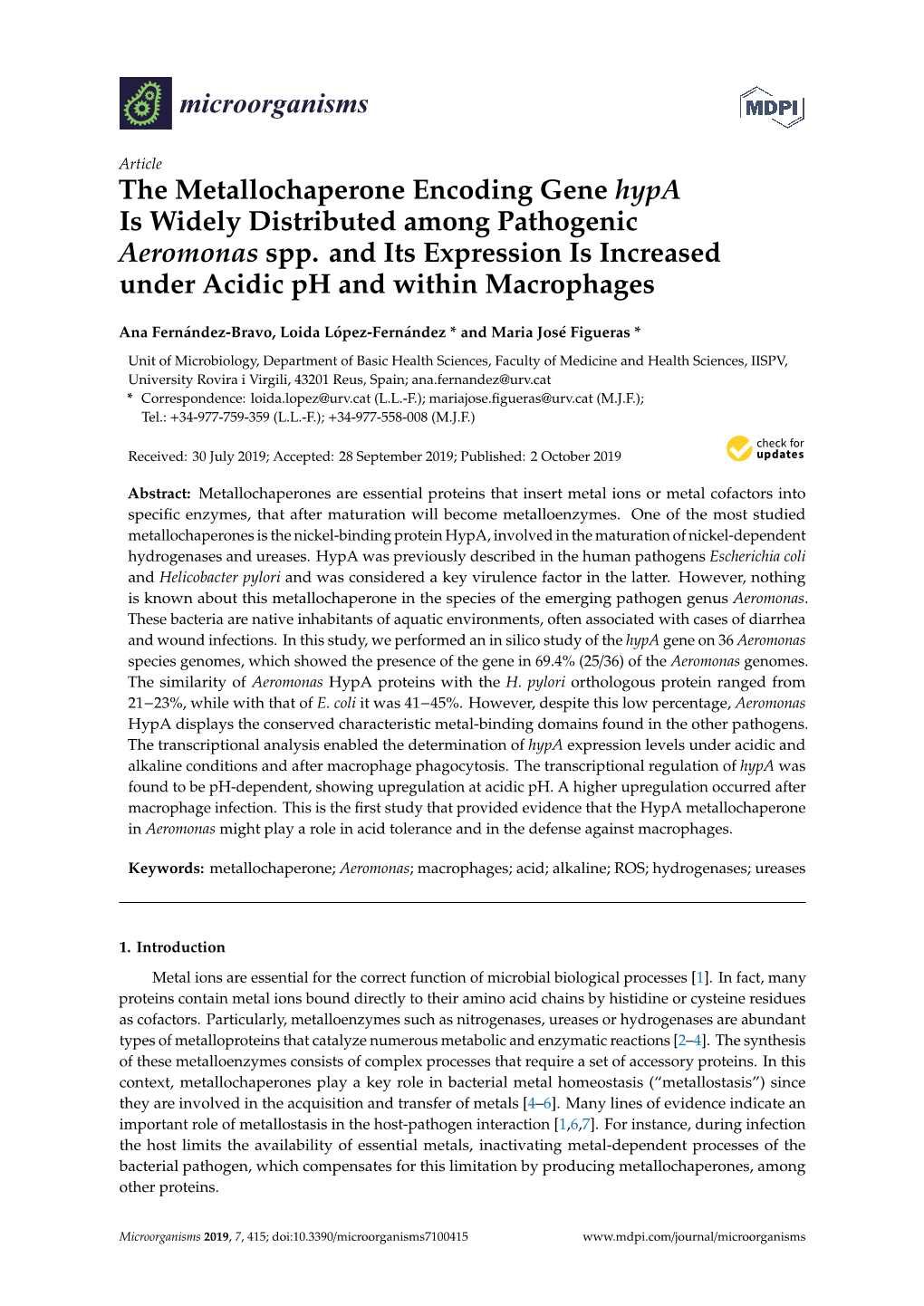 The Metallochaperone Encoding Gene Hypa Is Widely Distributed Among Pathogenic Aeromonas Spp