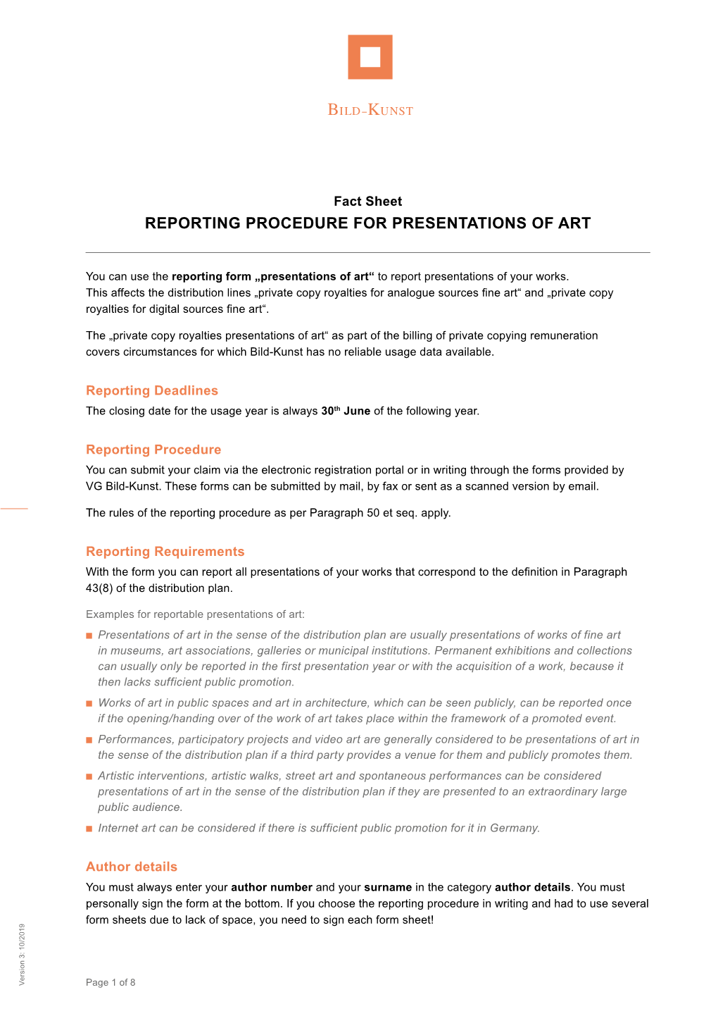 Reporting Procedure for Presentations of Art