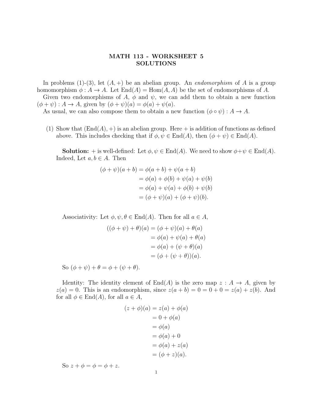 (1)-(3), Let (A,+) Be an Abelian Group. an Endomorphism