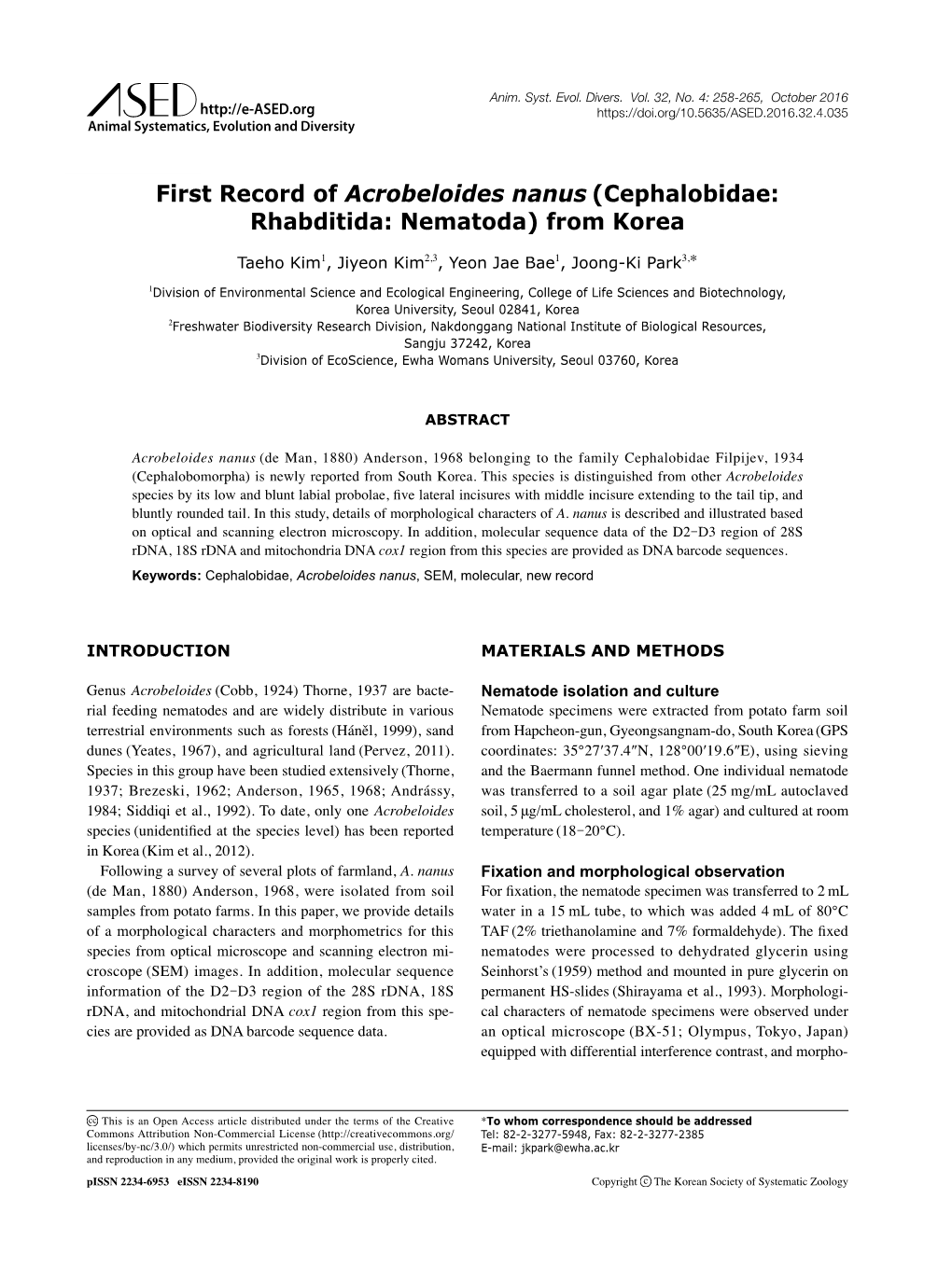 First Record of Acrobeloides Nanus (Cephalobidae: Rhabditida: Nematoda) from Korea