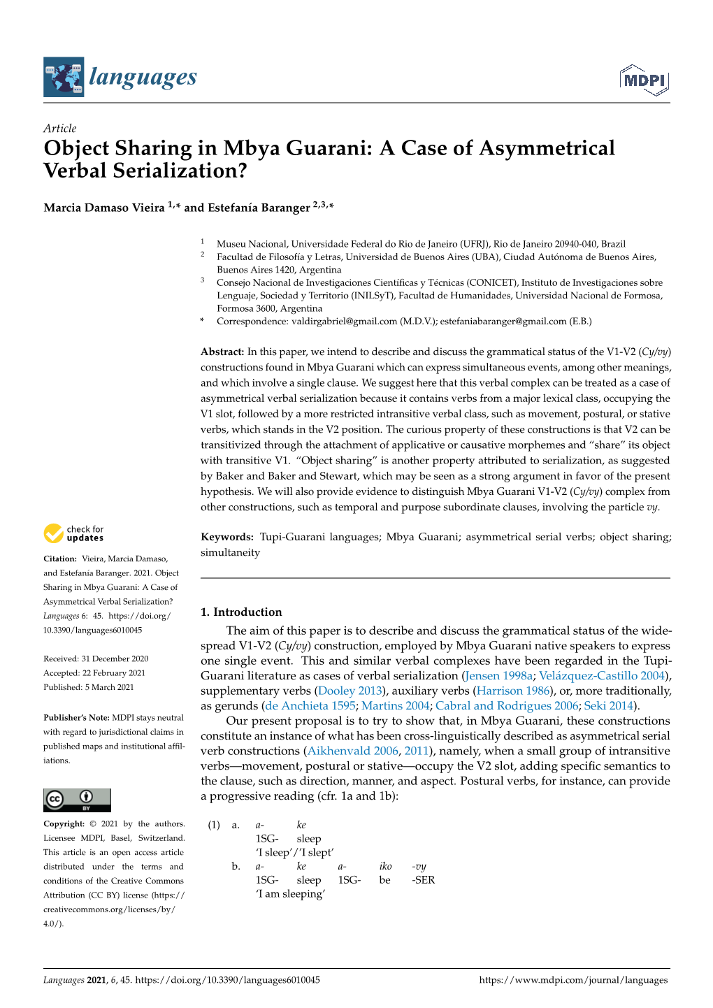 Object Sharing in Mbya Guarani: a Case of Asymmetrical Verbal Serialization?