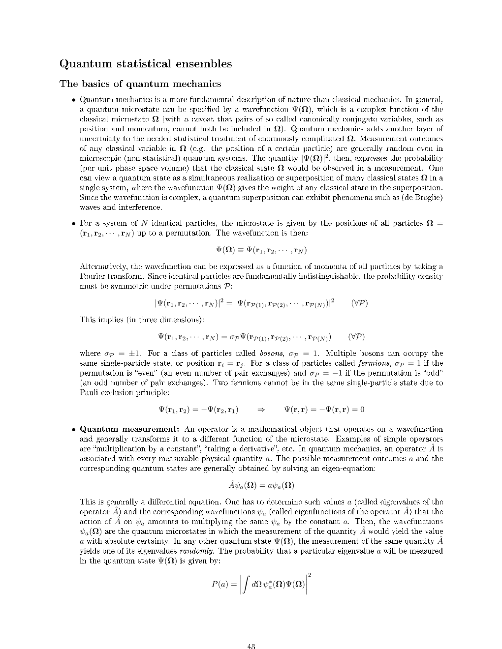 Quantum Statistical Ensembles the Basics of Quantum Mechanics