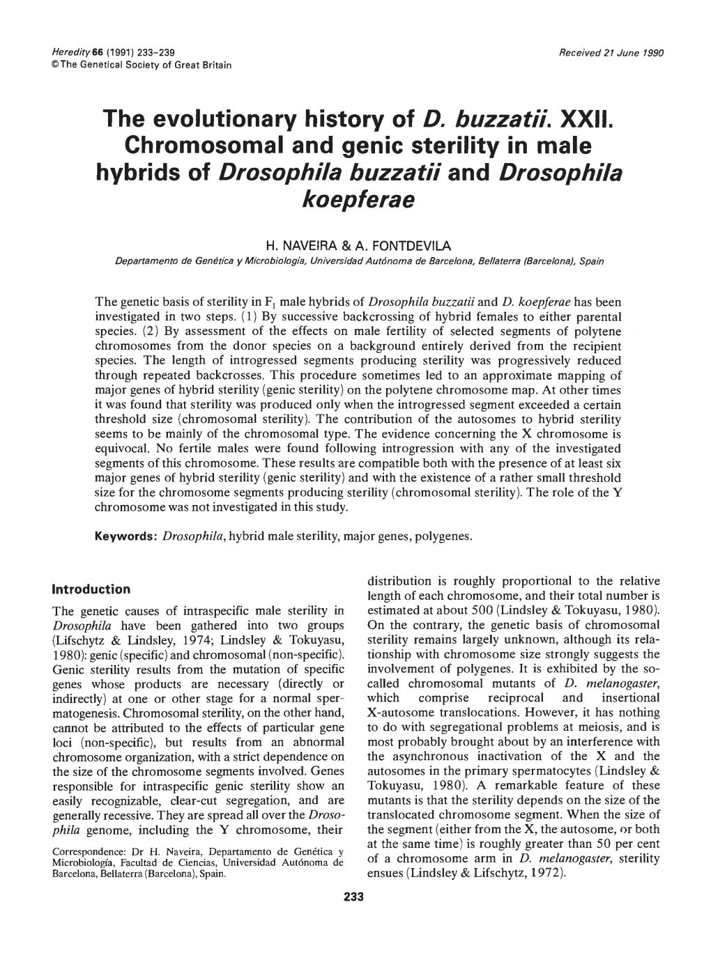 The Evolutionary History of 0. Buzzatii. XXII. Chromosomal and Genic Sterility in Male Hybrids of Drosophila Buzzatii and Drosophila Koepferae