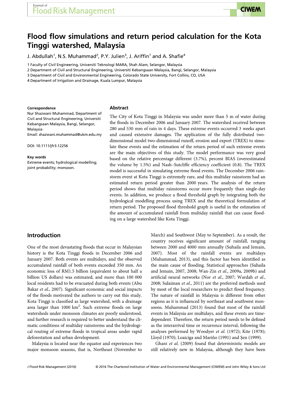 Flood Flow Simulations and Return Period Calculation for the Kota