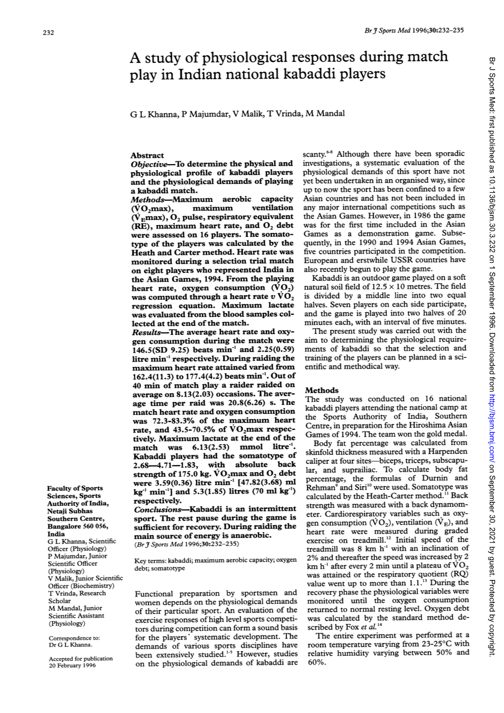 A Study of Physiological Responses During Match Play in Indian National