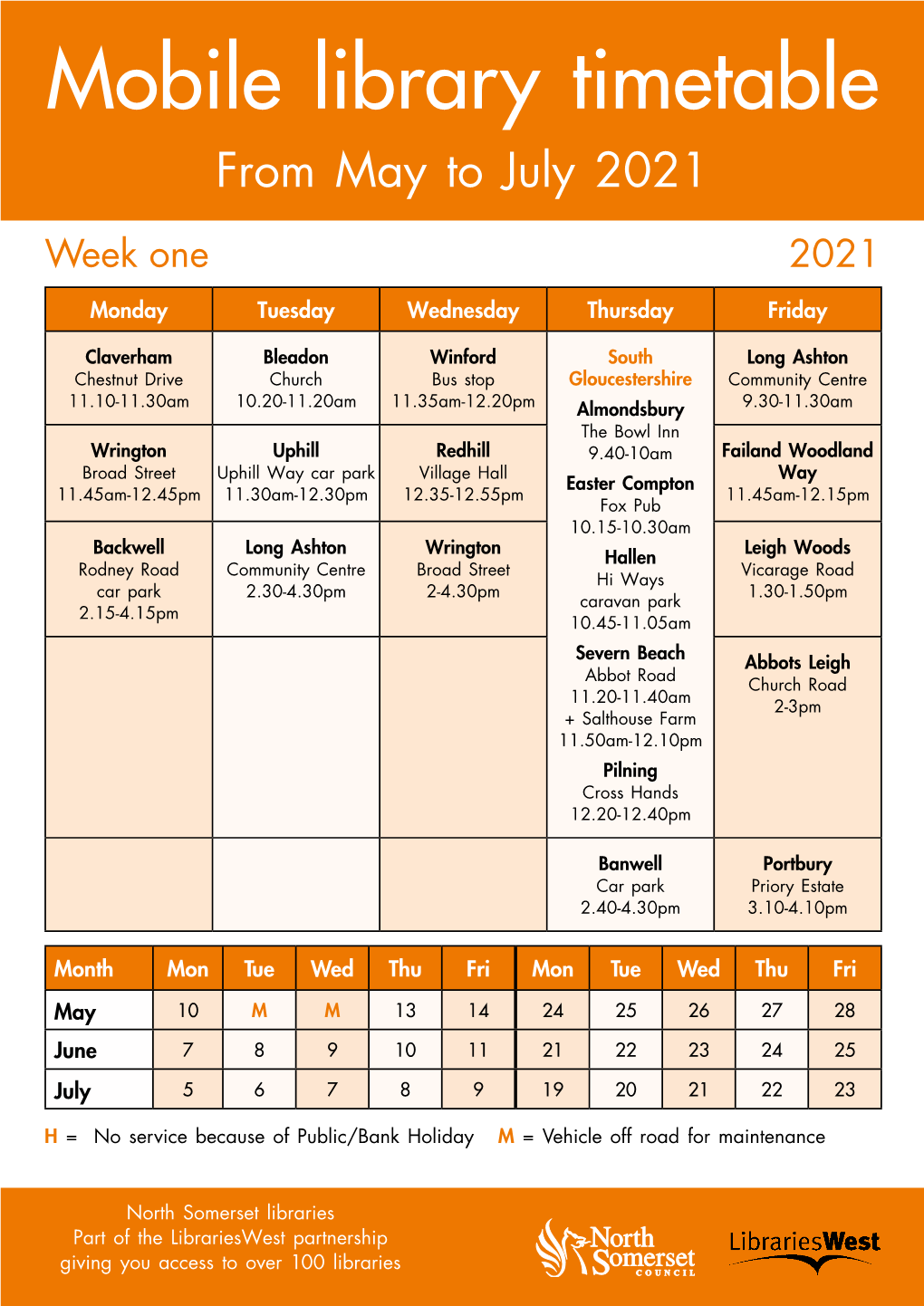 Mobile Library Timetable from May to July 2021