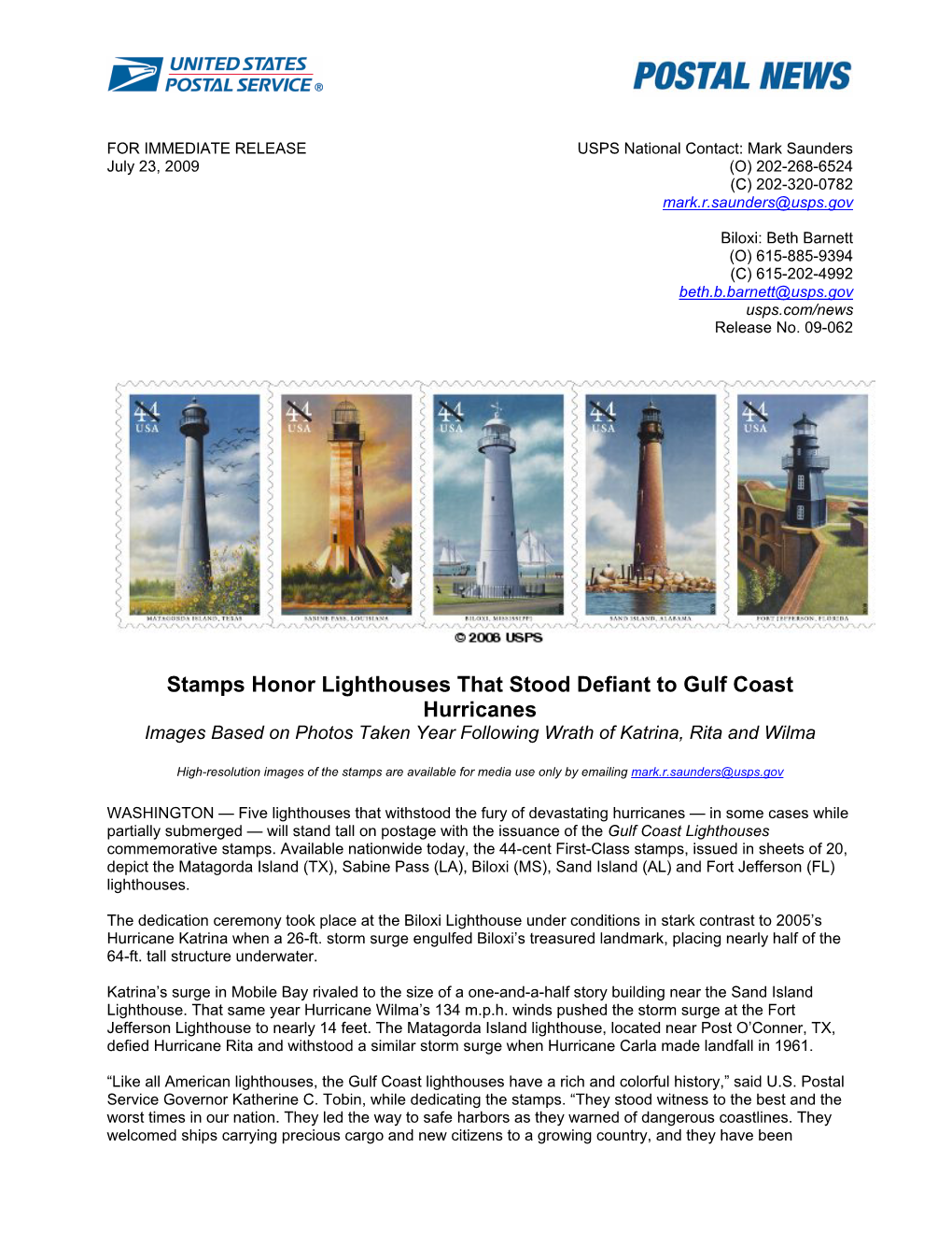Stamps Honor Lighthouses That Stood Defiant to Gulf Coast Hurricanes Images Based on Photos Taken Year Following Wrath of Katrina, Rita and Wilma