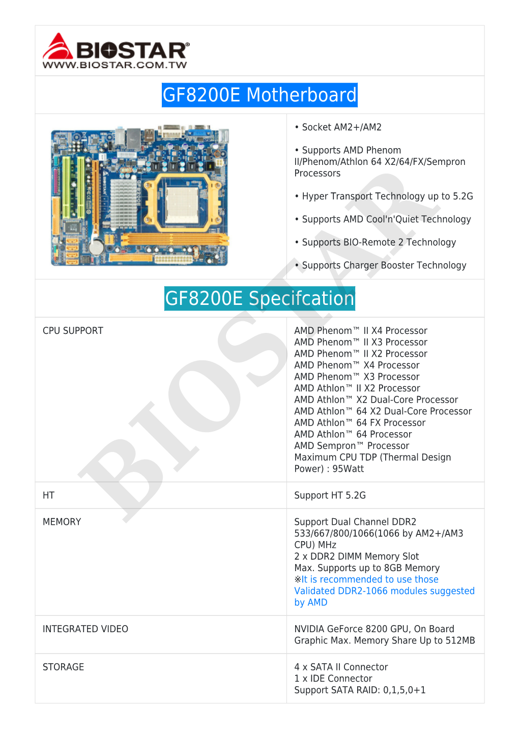 GF8200E Motherboard GF8200E Specifcation