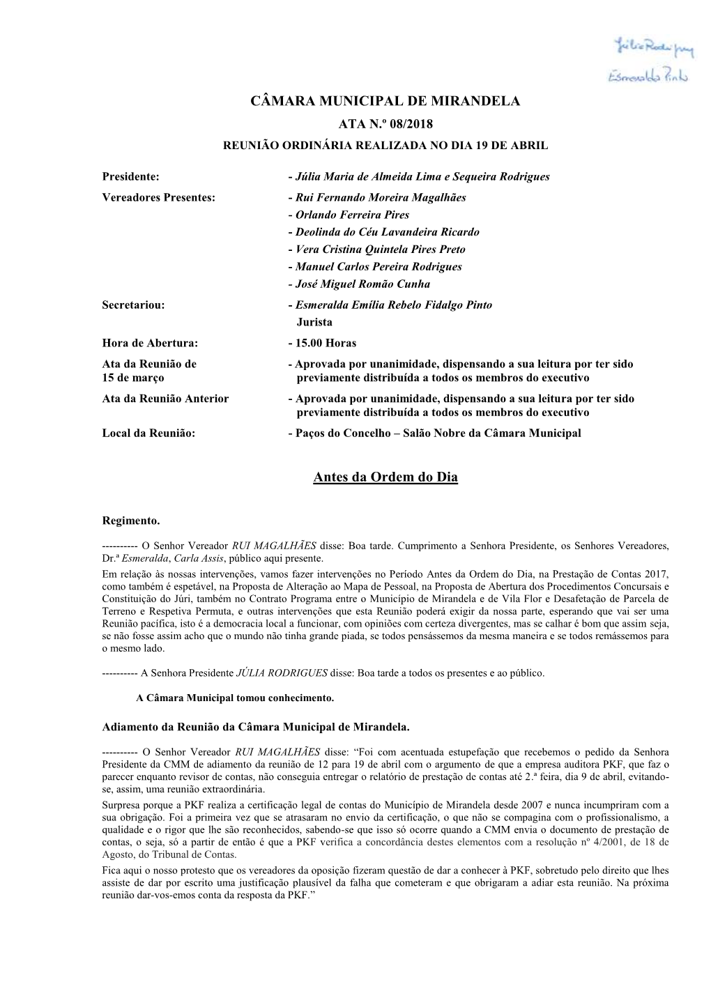 Ata N.º 08/2018 Reunião Ordinária Realizada No Dia 19 De Abril