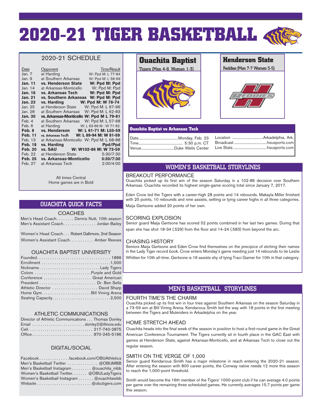 Ouachita Baptist Henderson State Date Opponent Time/Result Tigers (Men 4-8, Women 1-3) Reddies (Men 7-7 Women 5-5) Jan