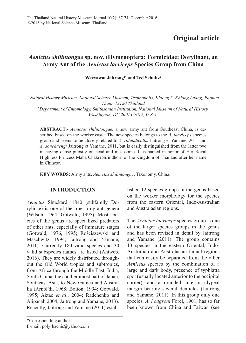 Aenictus Shilintongae Sp. Nov. (Hymenoptera: Formicidae: Dorylinae), an Army Ant of the Aenictus Laeviceps Species Group from China