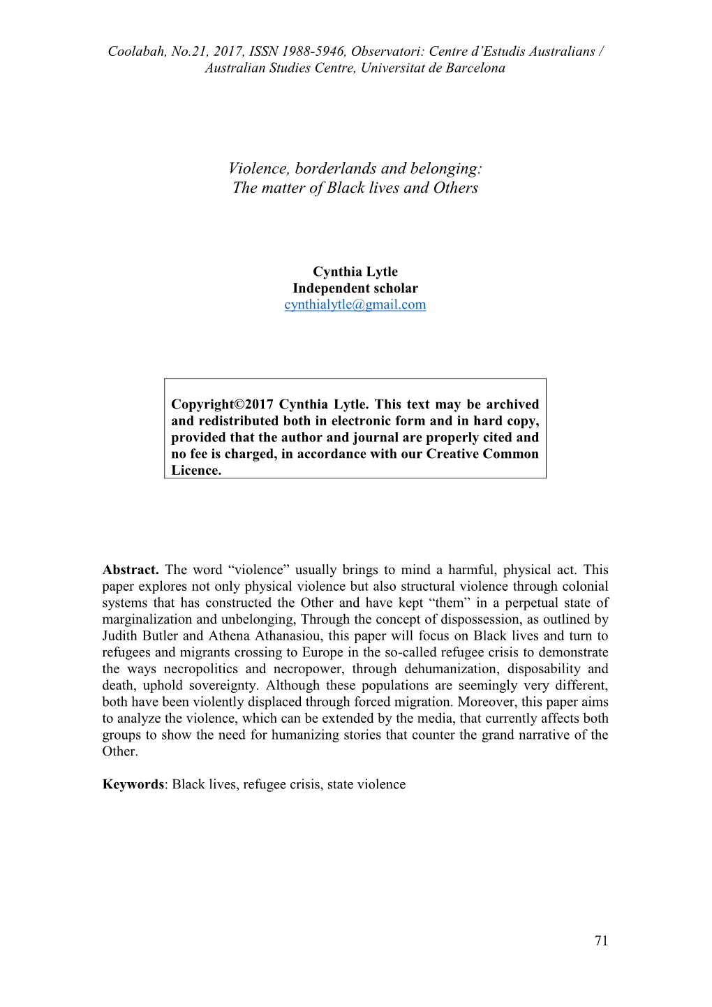 Violence, Borderlands and Belonging: the Matter of Black Lives and Others