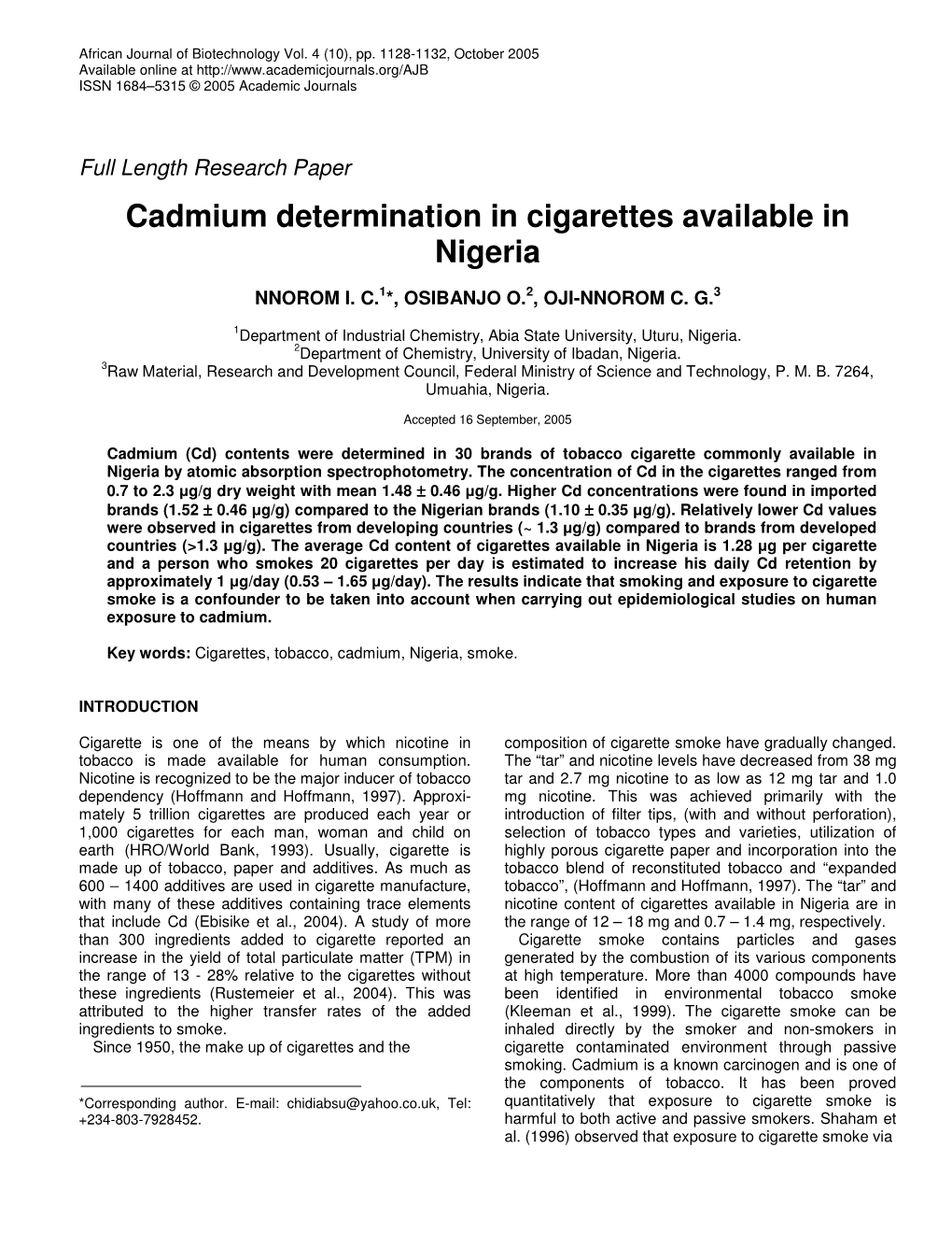 Cadmium Determination in Cigarettes Available in Nigeria