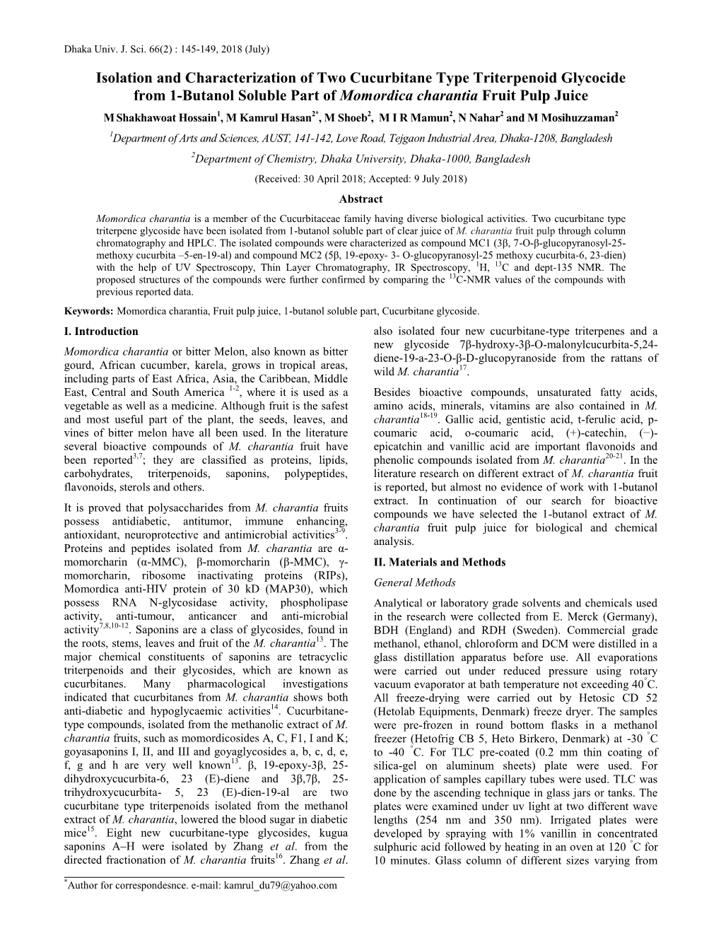 Isolation and Characterization of Two Cucurbitane Type Triterpenoid