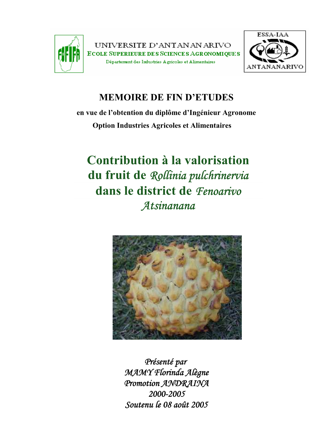 Chapitre I Caractéristiques Du Fruit De Rollinia Pulchrinervia