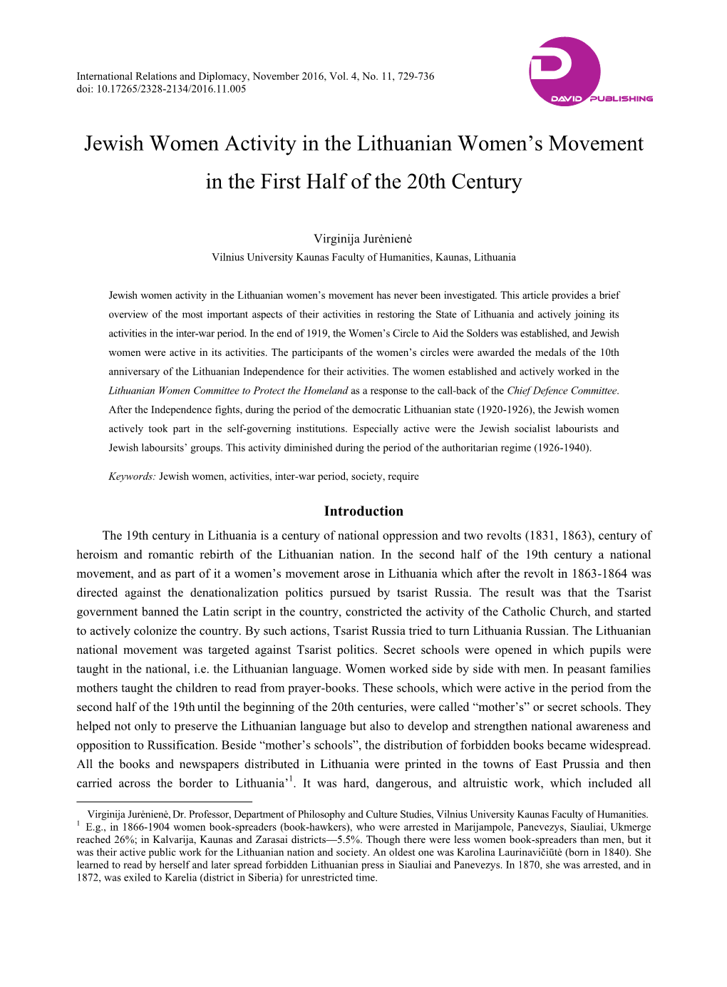 Jewish Women Activity in the Lithuanian Women's Movement In