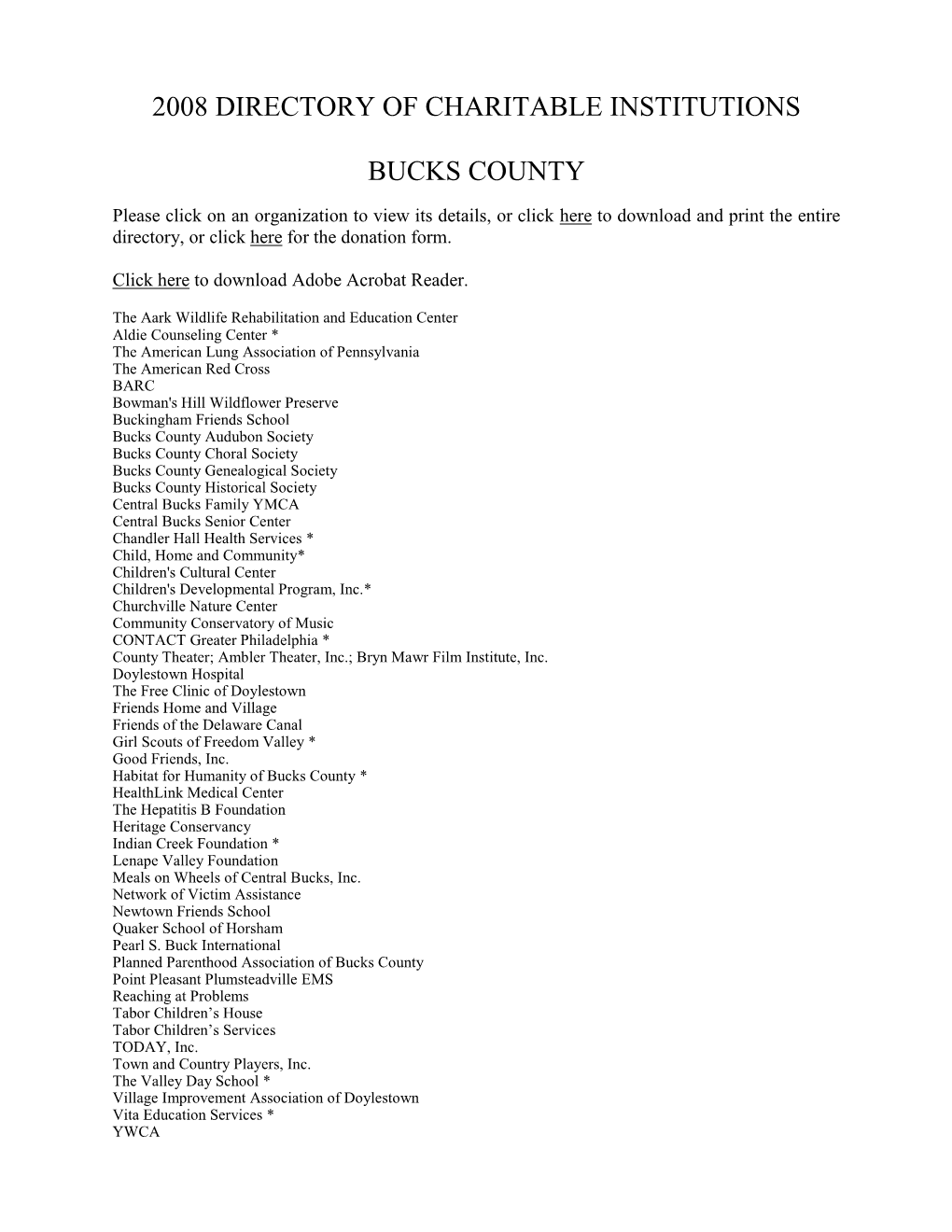 2008 Directory of Charitable Institutions Bucks County