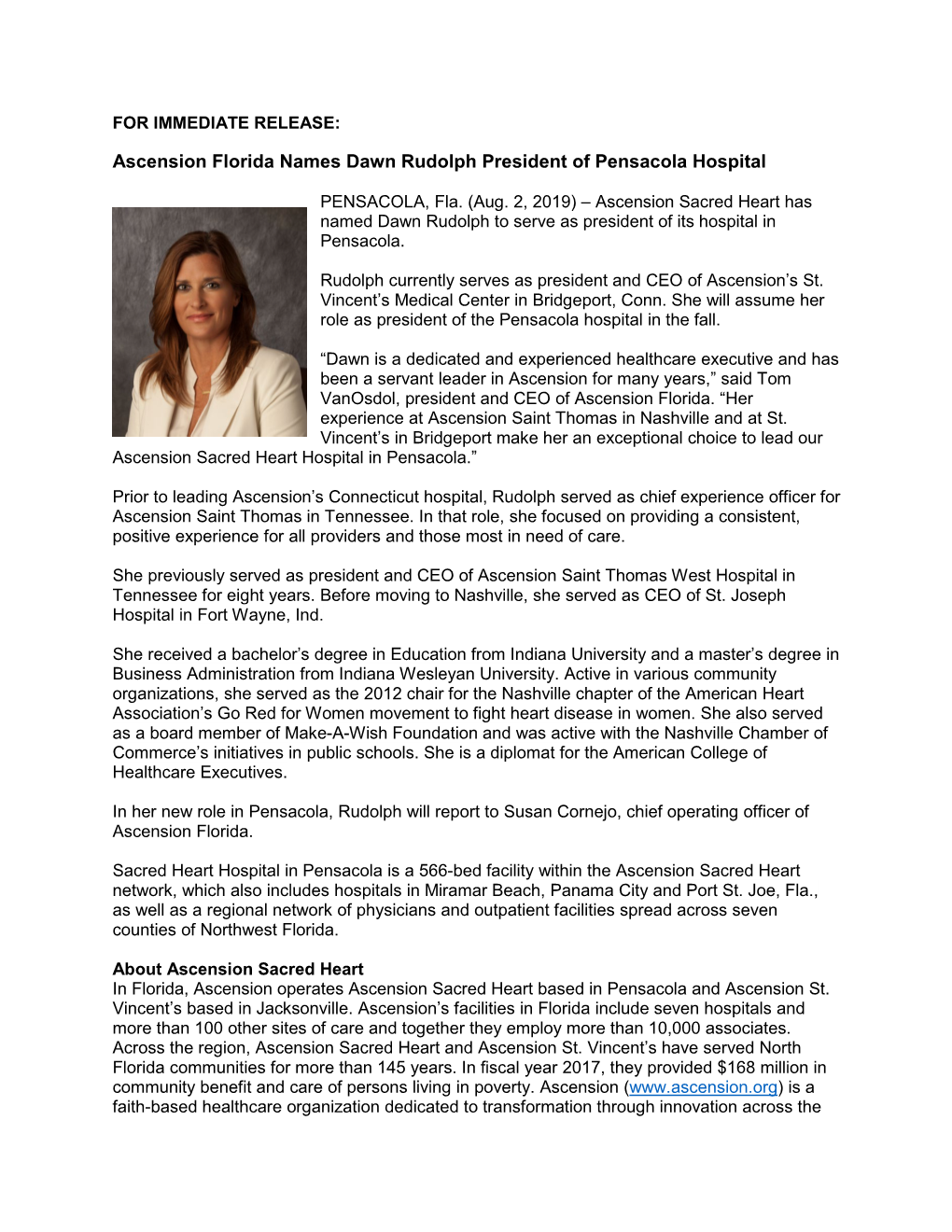 Ascension Florida Names Dawn Rudolph President of Pensacola Hospital