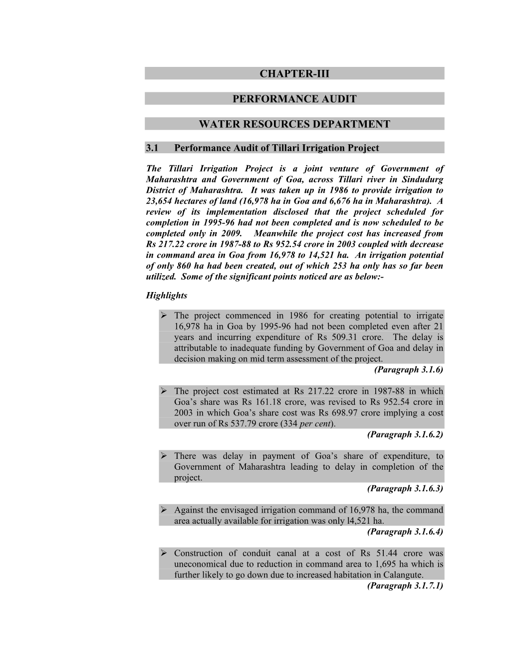 Chapter-Iii Performance Audit Water Resources