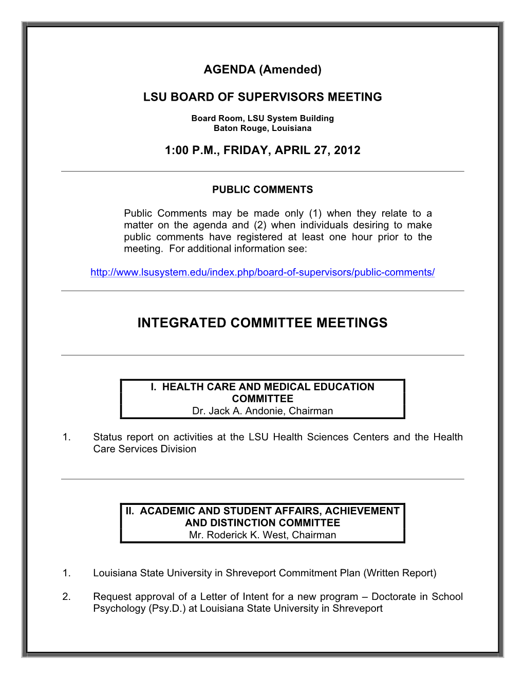 LSU Board of Supervisors Agenda for April 27, 2012